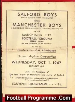 Salford Boys v Manchester Boys 1947 - at Manchester City - football programme