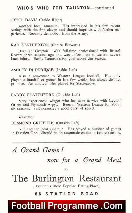 Taunton v All Star Guest X1 1960