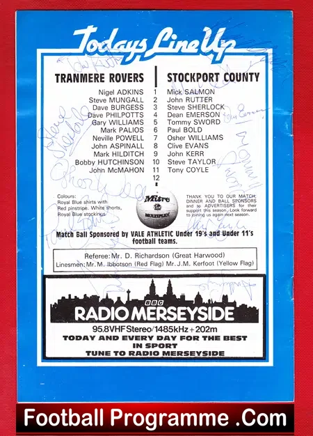 Tranmere Rovers v Stockport County 1984 – Multi Autographed