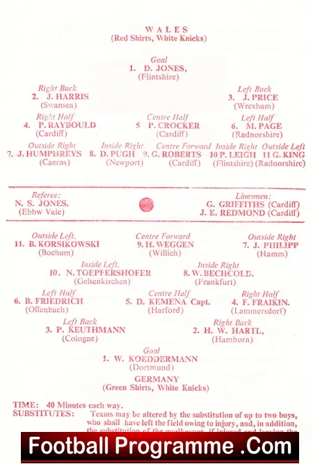 Wales v Germany 1962 – Schools Match at Ninian Park Cardiff
