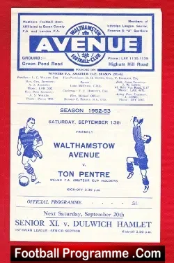 Walthamstow Avenue v Ton Pentre 1952 – Friendly – Rhondda Valley