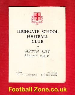 Highgate School Football Club Match Fixtures List 1946 – 1947