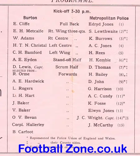 Burton v Metropolitan Police 1934 – Rare 30s Rugby Programme