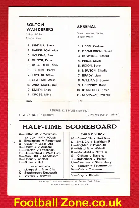 Bolton Wanderers v Arsenal 1972 – FA Youth Cup