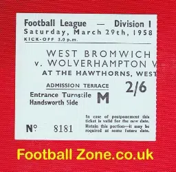 West Bromwich Albion v Wolves 1958 - Football Ticket CHAMPIONS
