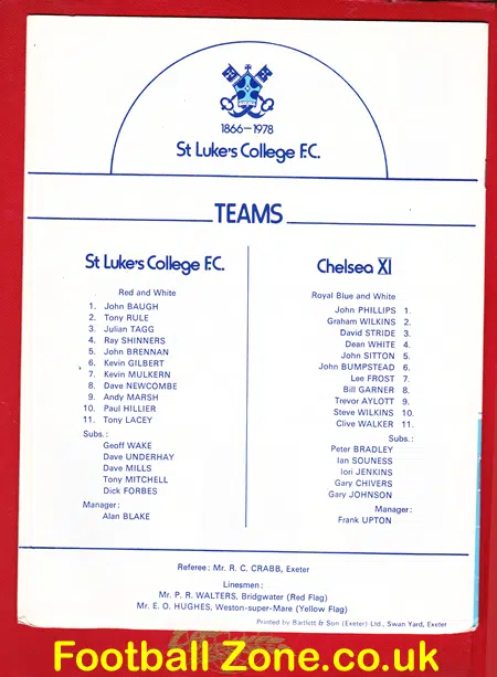 St Lukes College v Chelsea X1 1978 – Charity Match