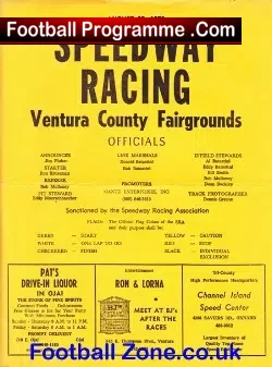 America Speedway Programme Ventura Fairgrounds California 1972 - speedway programme