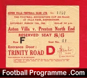 Aston Villa v Preston 1960 – FA Cup Football Ticket