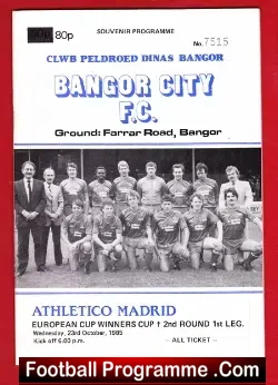 Bangor City v Athletico Madrid 1985 - European Cup Winners Cup - football programme