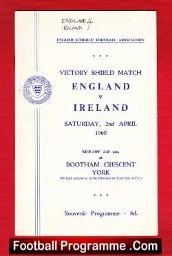 England v Northern Ireland 1960 – Schoolboys Bootham Cres York