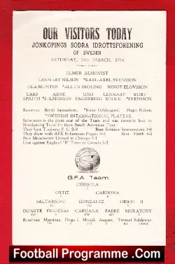 Gibralta FA v Jonkopings 1954 - Sweden - football programme