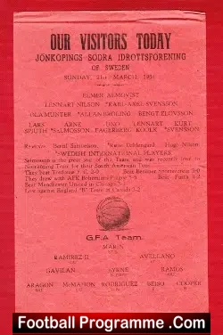 Gibralta FA v Jonkopings Sodra 1954 - Sweden Team - football programme