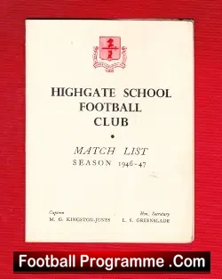 Highgate School Football Club Match Fixtures List 1946 - 1947 - football memorabilia