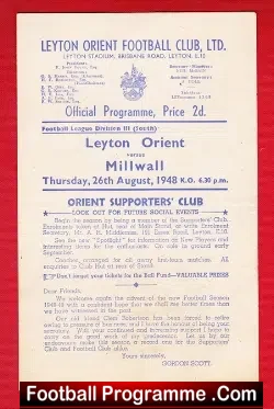 Leyton Orient v Millwall 1948 - football programme