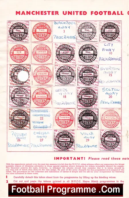 Manchester United Official Token Sheet 1958 – 1959 + Vouchers