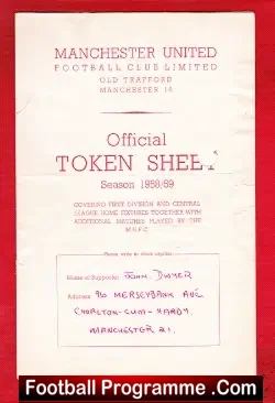 Manchester United Official Token Sheet 1958 – 1959 + Vouchers