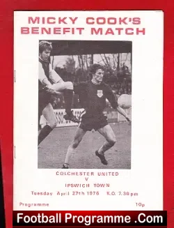Micky Cook Testimonial Benefit Match Colchester United 1976 - football programme