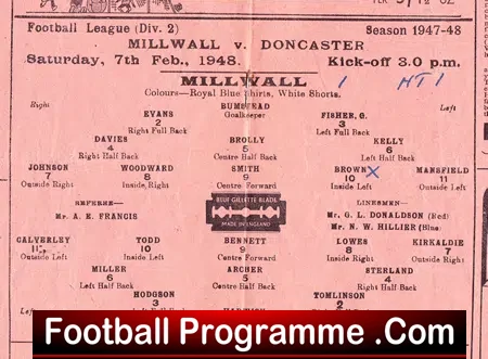 Millwall v Doncaster Rovers 1948 – 1940s Football Programme