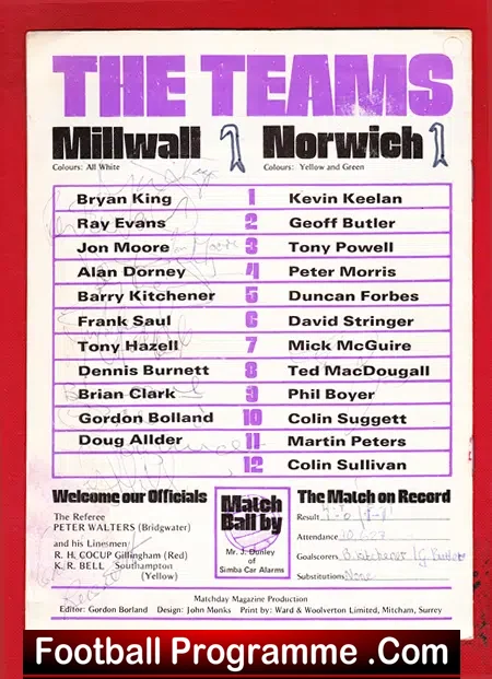 Millwall v Norwich City 1975 – Multi Autographed Signed