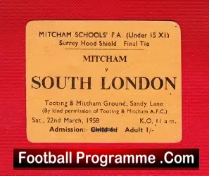 Mitcham Boys v South London Boys 1958 – Football Ticket