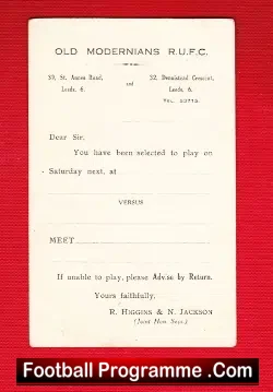 Old Modernians Rugby Union Club Players Selection Card 1933 - rugby programme