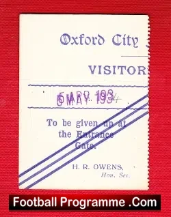 Oxford City Football Club Ticket 1934 – 1930’s