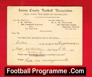 Surrey County Football Association Team Selection Card 1924