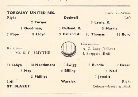 Torquay United v St Blazey 1952 – Reserves Match