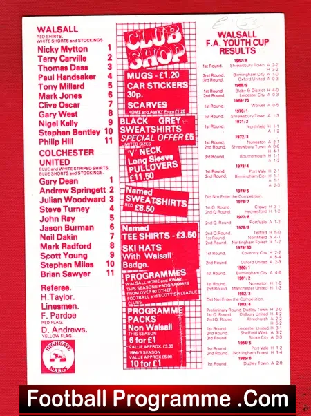 Walsall v Colchester United 1985 - FA Youth Cup