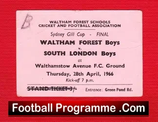 Waltham Forest Boys v South London Boys 1966 – Football Ticket