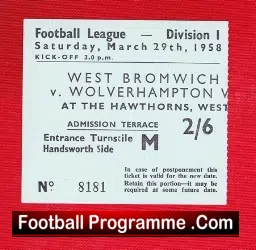 West Bromwich Albion v Wolves 1958 – Football Ticket CHAMPIONS