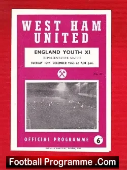 West Ham United v England Youth 1963 - WHU Colts - football programme