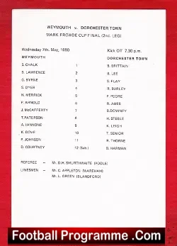 Weymouth v Dorchester Town 1980 – Mark Frowde Cup Final 2nd Leg