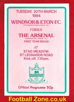 Windsor Eton v Arsenal 1984 - Stag Meadow - football programme