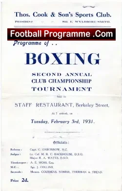 Boxing Programme Cook & Son Sports Club London 1931 - boxing programme