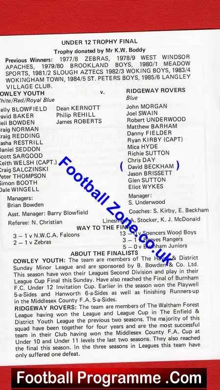 Cowley Youth v Ridgeway Rovers 1987 Including Young David Beckham
