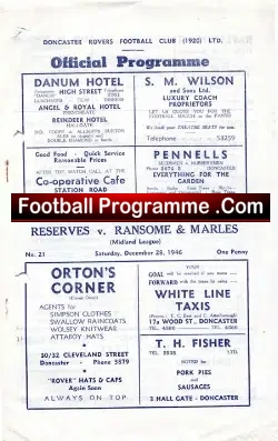 Doncaster Rovers v Ransome Marles 1946 - Reserves Match - football programme