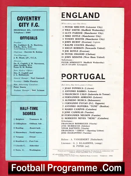 England v Portugal 1969 – U23 Highfield Road Coventry – Osgood