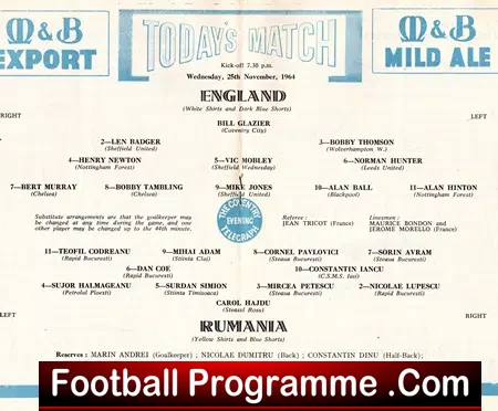 England v Romania 1964 – U23 Highfield Road Coventry – Alan Ball