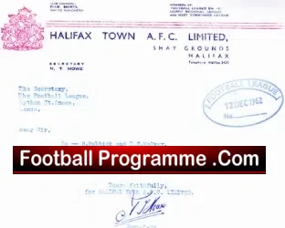 Halifax Town Official Club letter 1962