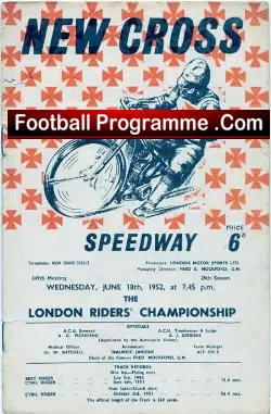 New Cross Speedway London Riders Championship 1952 - speedway programme