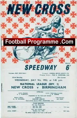 New Cross Speedway v  Birmingham 1952