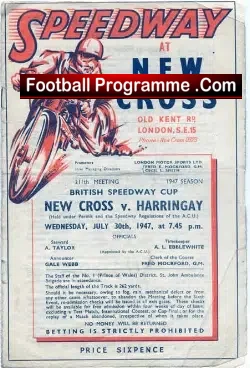 New Cross Speedway v Harringay 1947 - speedway programme