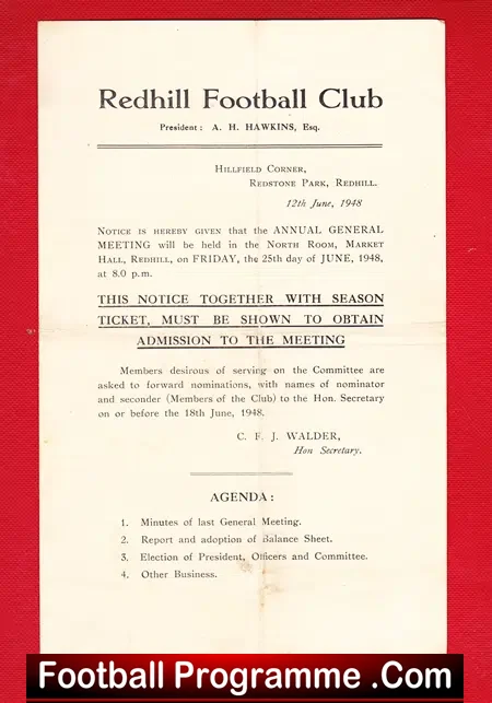 Redhill Football Club Annual General meeting Report 1 – 1948