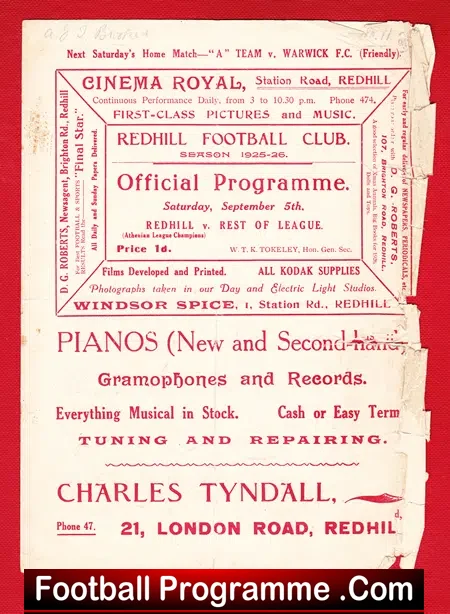 Redhill v Rest Of The League 1925 – Old 1920s Football Programme