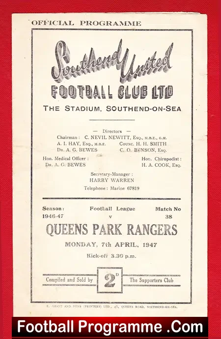 Southend United v QPR 1947 – 1940s Football Memorabilia