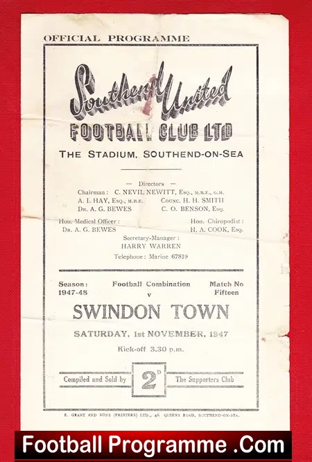 Southend United v Swindon Town 1947 – Reserves