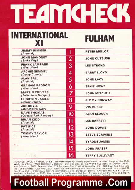 Fulham v Don Revie International X1 1976