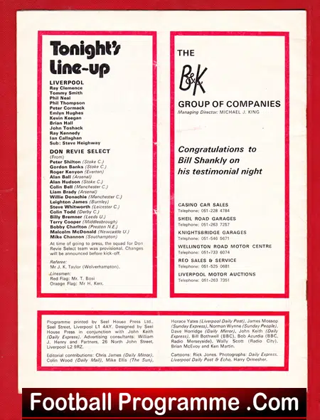 Bill Shankly Testimonial Benefit Match Liverpool 1975