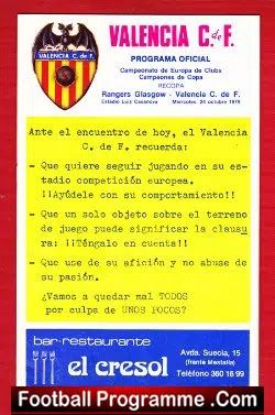 Valencia v Glasgow Rangers 1979 – UEFA Cup Spain